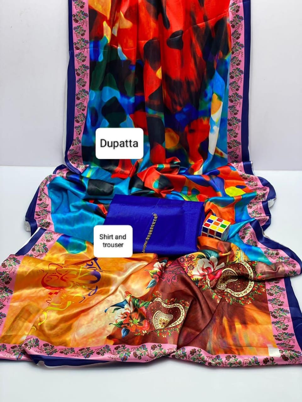 Women's 3 Pcs Katan Silk With Calligraphy Dupatta