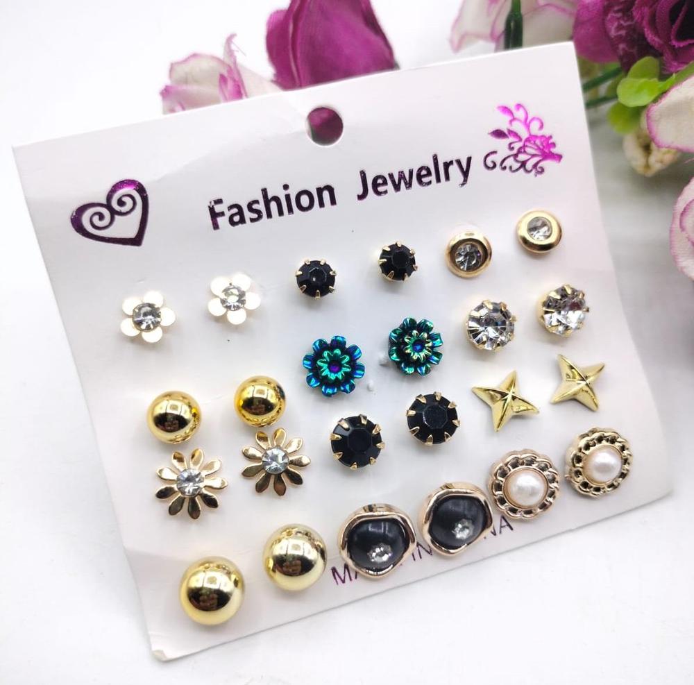 Pack of 12 Pairs of Ear Studs – Multi-Coloured | Fashion Jewelry Set for Women & Girls