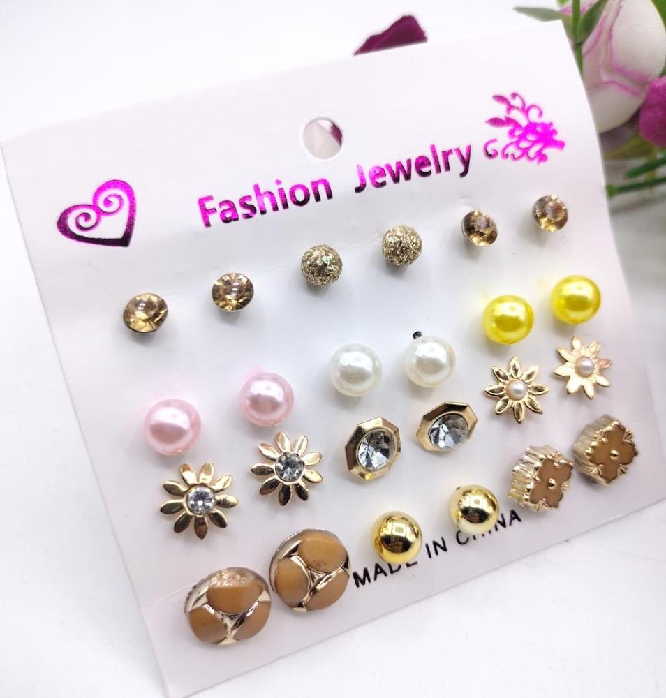 Pack of 12 Pairs of Ear Studs – Multi-Coloured | Fashion Jewelry Set for Women & Girls