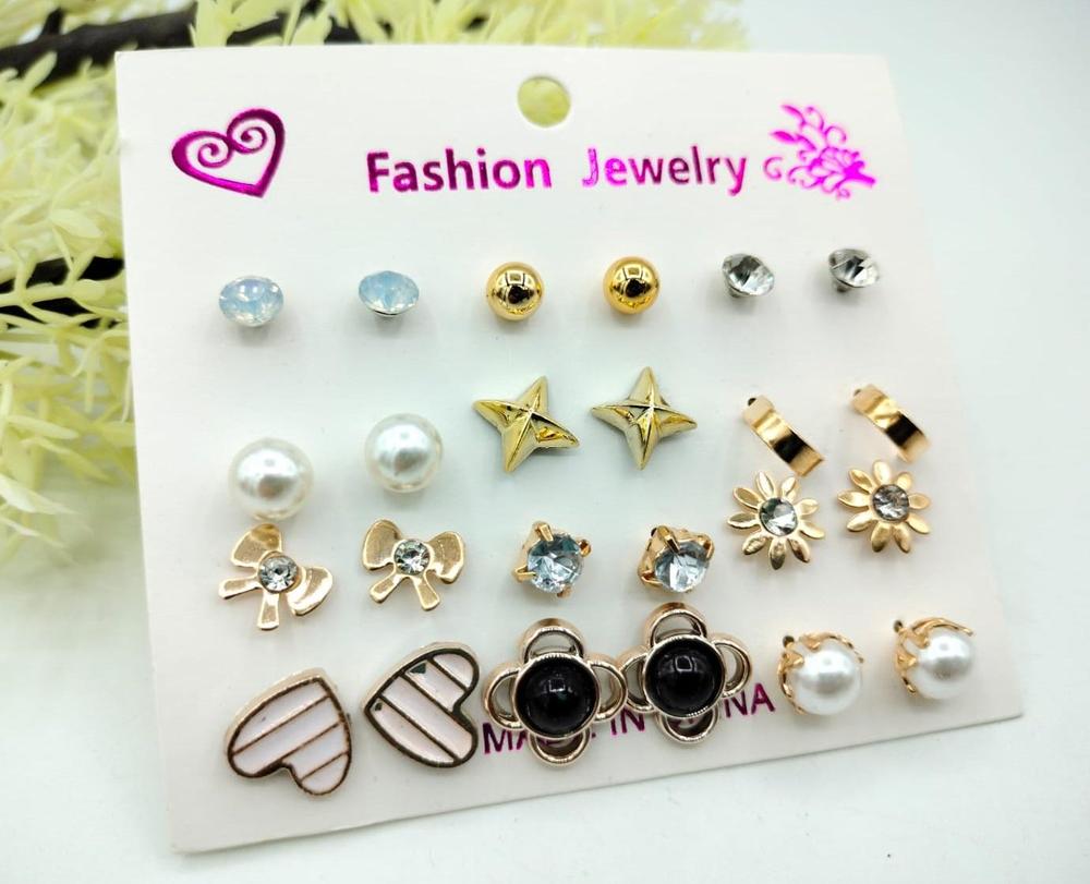 Pack of 12 Pairs of Ear Studs – Multi-Coloured | Fashion Jewelry Set for Women & Girls