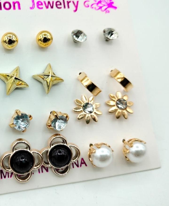 Pack of 12 Pairs of Ear Studs – Multi-Coloured | Fashion Jewelry Set for Women & Girls