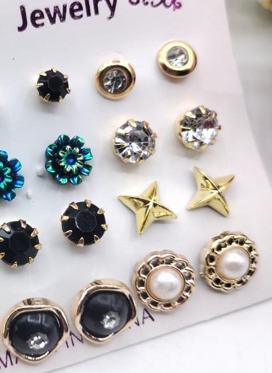 Pack of 12 Pairs of Ear Studs – Multi-Coloured | Fashion Jewelry Set for Women & Girls