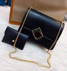 2 Pcs PU Leather Hand Bag With Long Golden Chain For Girls AZ Mart