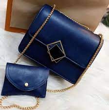 2 Pcs PU Leather Hand Bag With Long Golden Chain For Girls AZ Mart