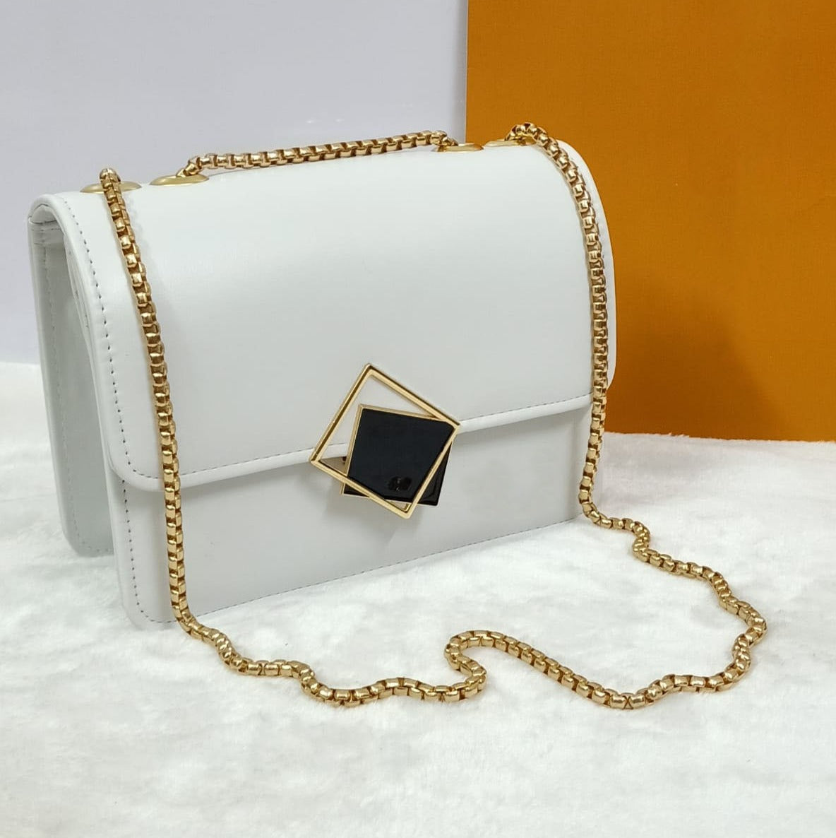 2 Pcs PU Leather Hand Bag With Long Golden Chain For Girls AZ Mart