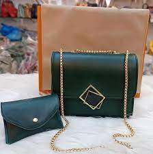 2 Pcs PU Leather Hand Bag With Long Golden Chain For Girls AZ Mart