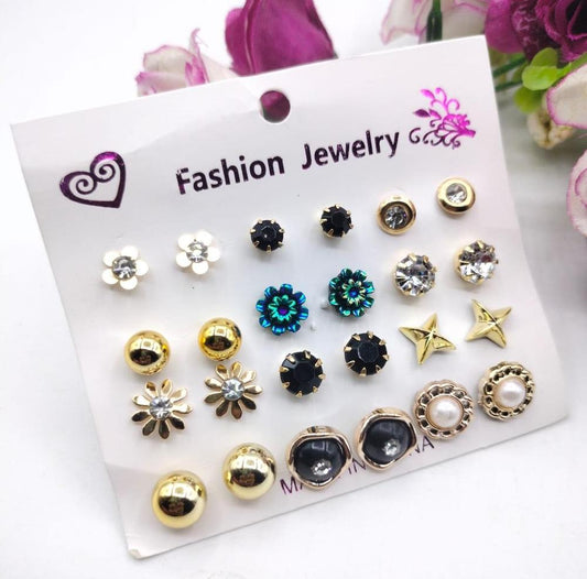 Pack of 12 Pairs of Ear Studs – Multi-Coloured | Fashion Jewelry Set for Women & Girls