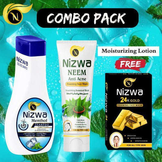 Pack Of 3:Nizwa menthol shampoo,Face Wash,24k Gold Face Wash Sachet