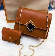 2 Pcs PU Leather Hand Bag With Long Golden Chain For Girls AZ Mart