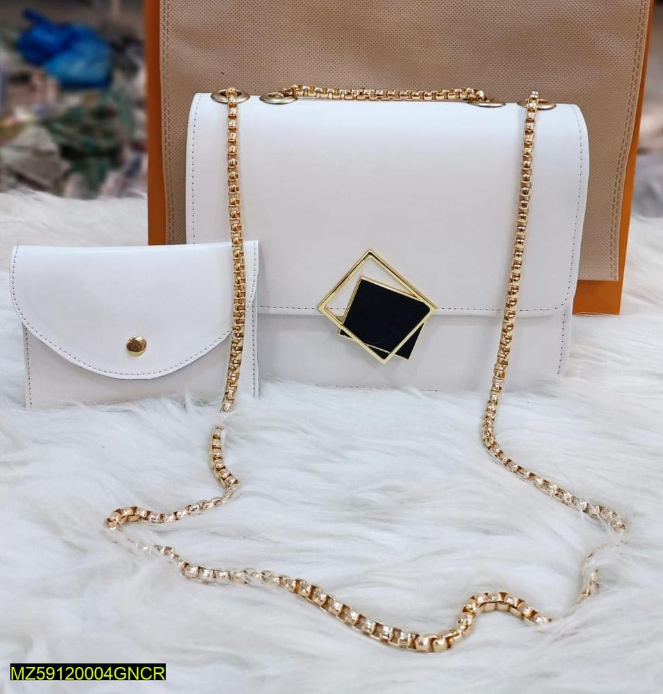 2 Pcs PU Leather Hand Bag With Long Golden Chain For Girls AZ Mart