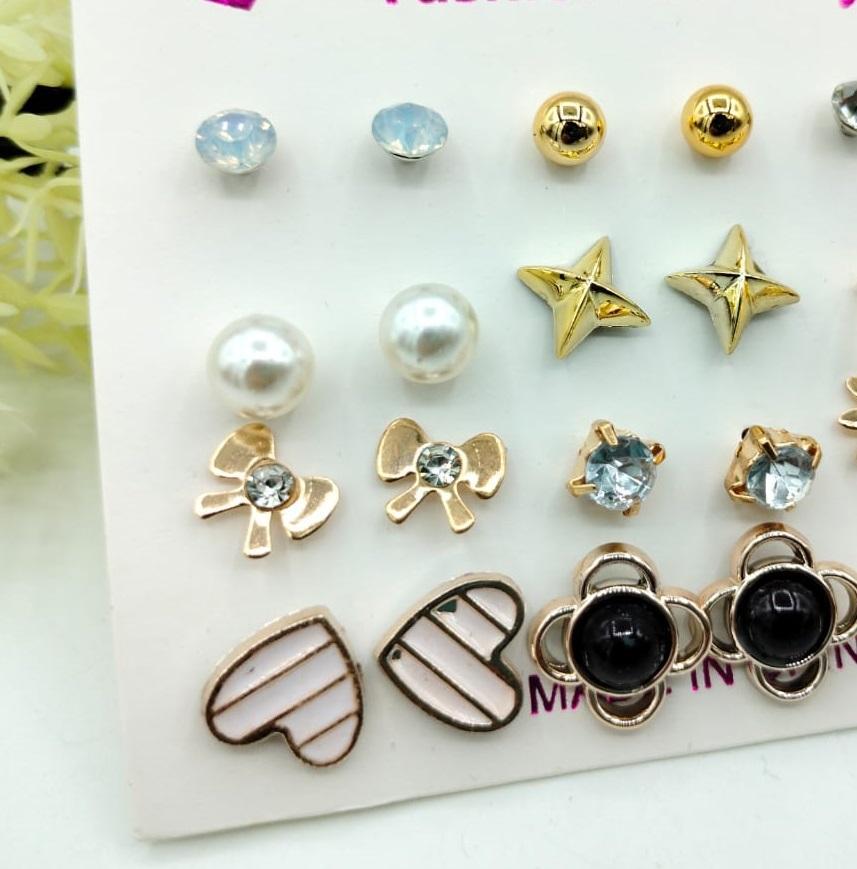 Pack of 12 Pairs of Ear Studs – Multi-Coloured | Fashion Jewelry Set for Women & Girls