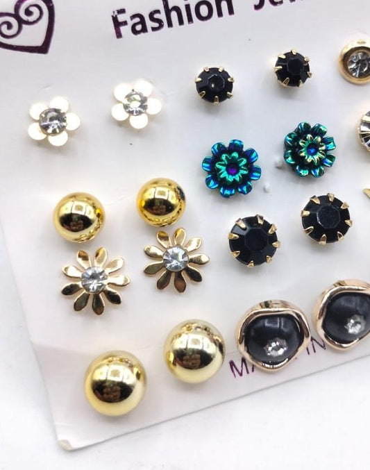 Pack of 12 Pairs of Ear Studs – Multi-Coloured | Fashion Jewelry Set for Women & Girls
