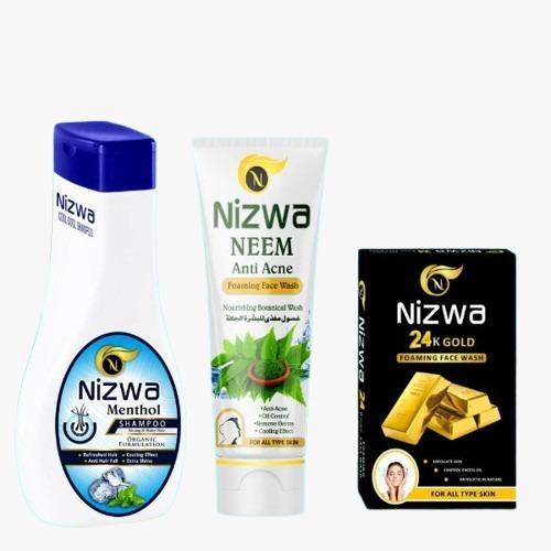 Pack Of 3:Nizwa menthol shampoo,Face Wash,24k Gold Face Wash Sachet