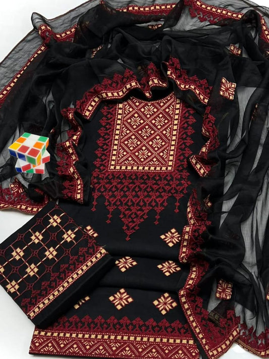 Women's 3 Pcs Cotton Lawn Chikankari Embroidered Unstitched Suit