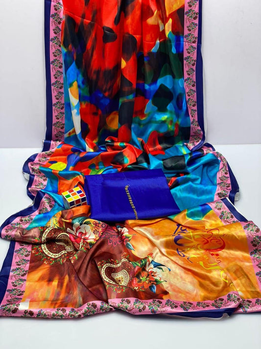 Women's 3 Pcs Katan Silk With Calligraphy Dupatta